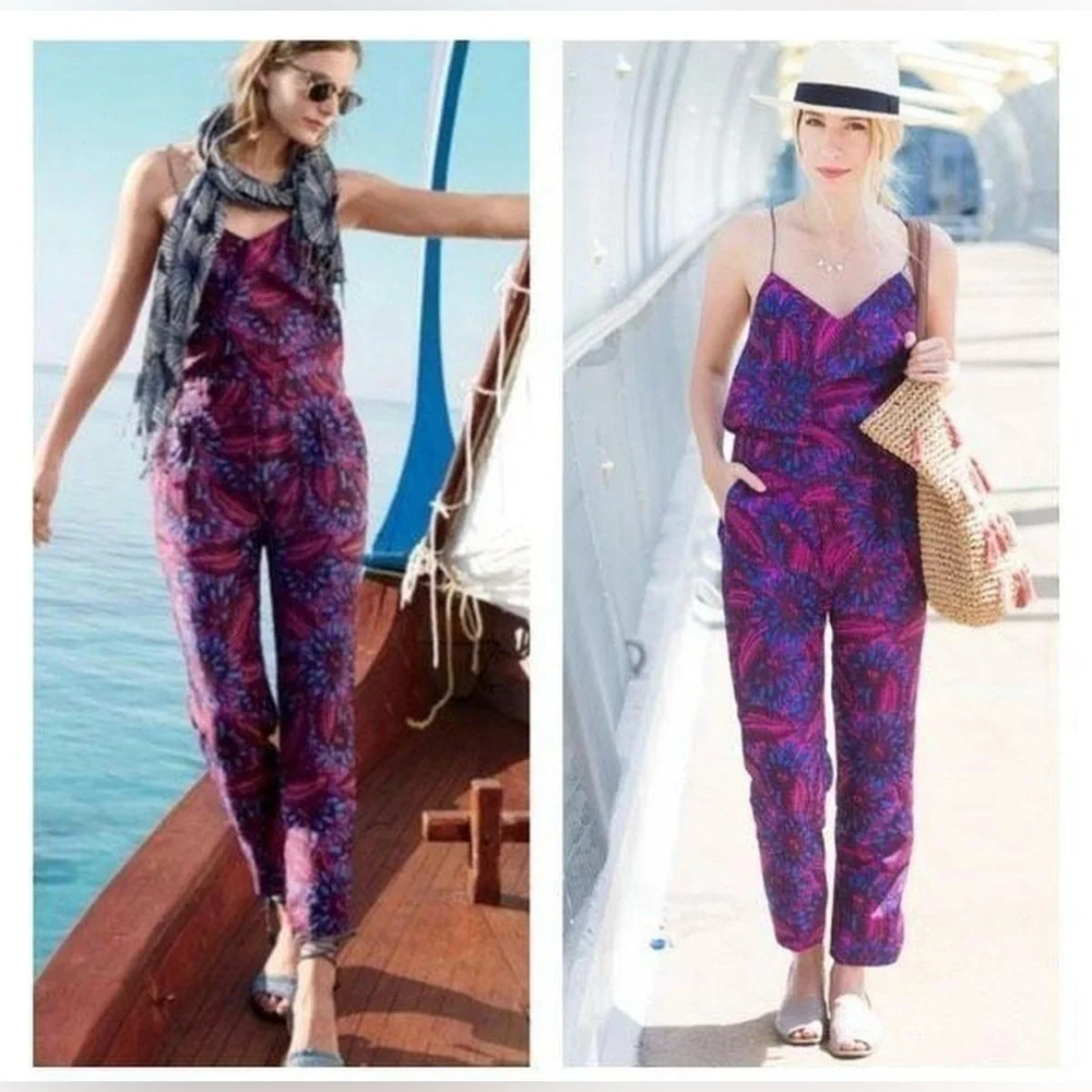 J. Crew Women's Floral Silk Strappy Back Midnight Jumpsuit π - Picture 6 of 9